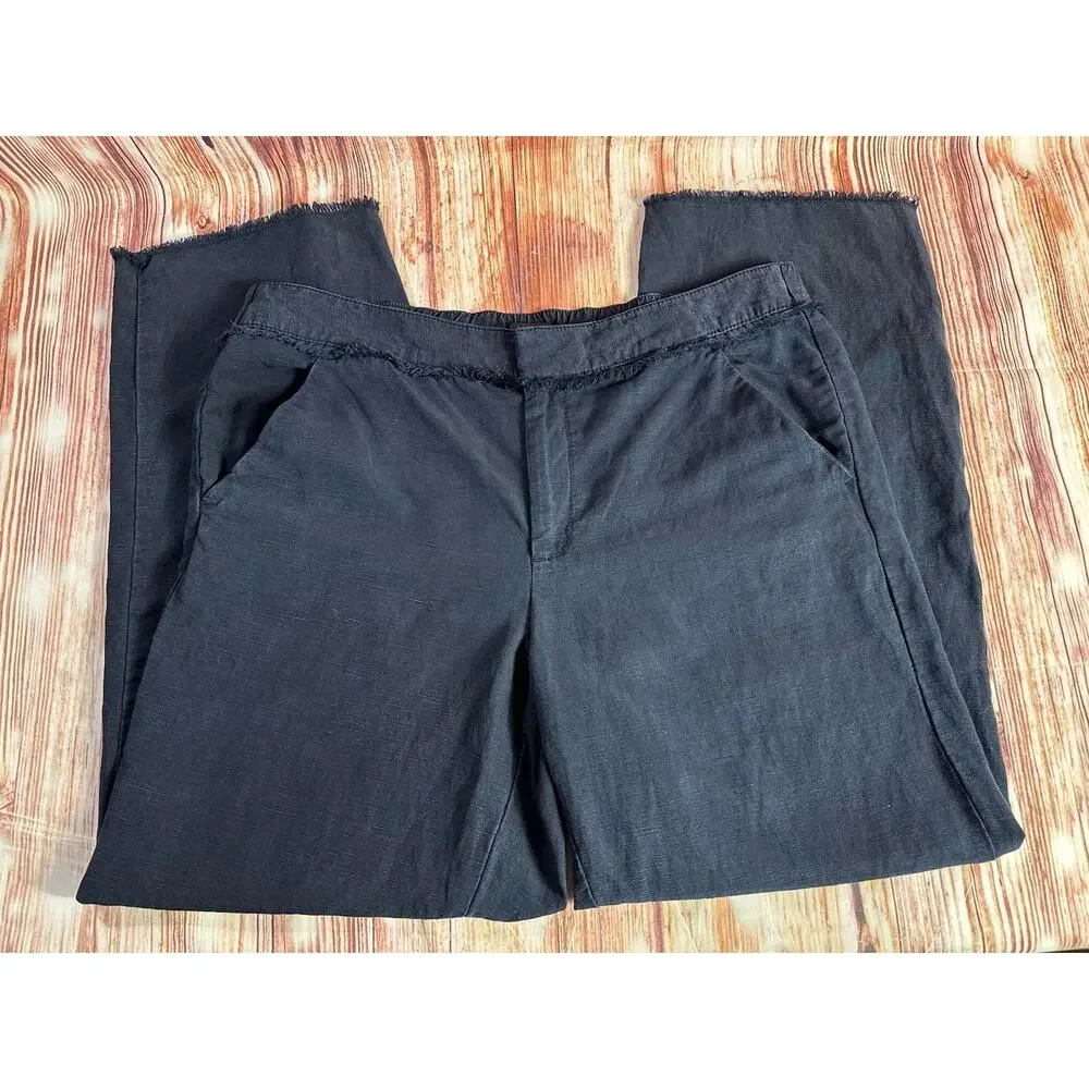 LOFT Size Small Navy Blue Linen Blend Mid Rise Frayed Hem Crop Ankle Pants 33x27 - Picture 3 of 10